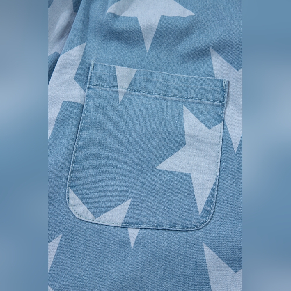 Star Print Square Neck Denim Overalls - Picture 6 of 7